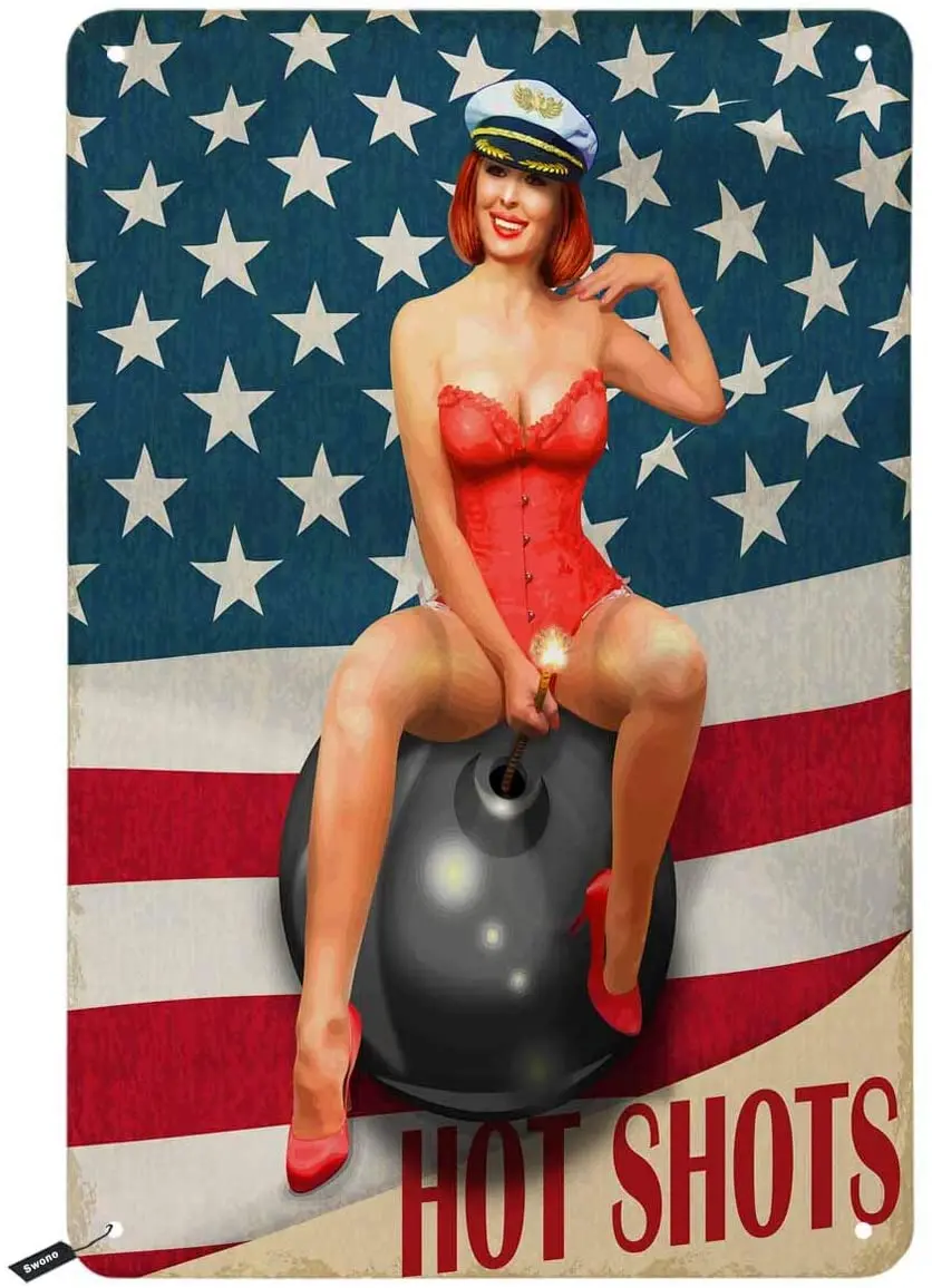 Оловянные знаки Swono для девушек, девушек, сидящих на бомбе на американском флаге, винтажный металлический жестяной знак для мужчин, женщин, мужчин, стена