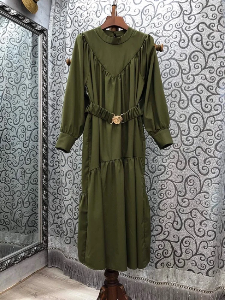 

High Quality New Korean Style Dress 2020 Autumn Women Golden Metal Ring Belt Patchwork Long Sleeve White Green Khaki Blue Dress