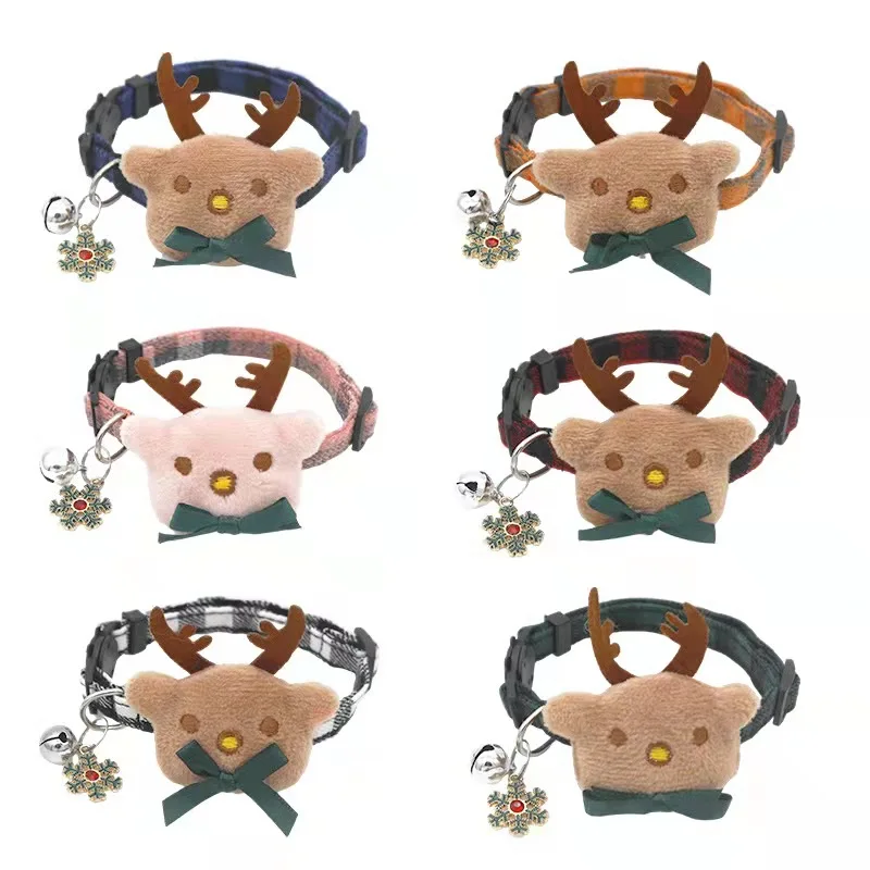 

6 Pcs Adjustable Christmas Dog Pet Collar Tartan Plaid Christmas Milu deer Tie Cute Decor Small Dogs cats Collar for Pet Produc