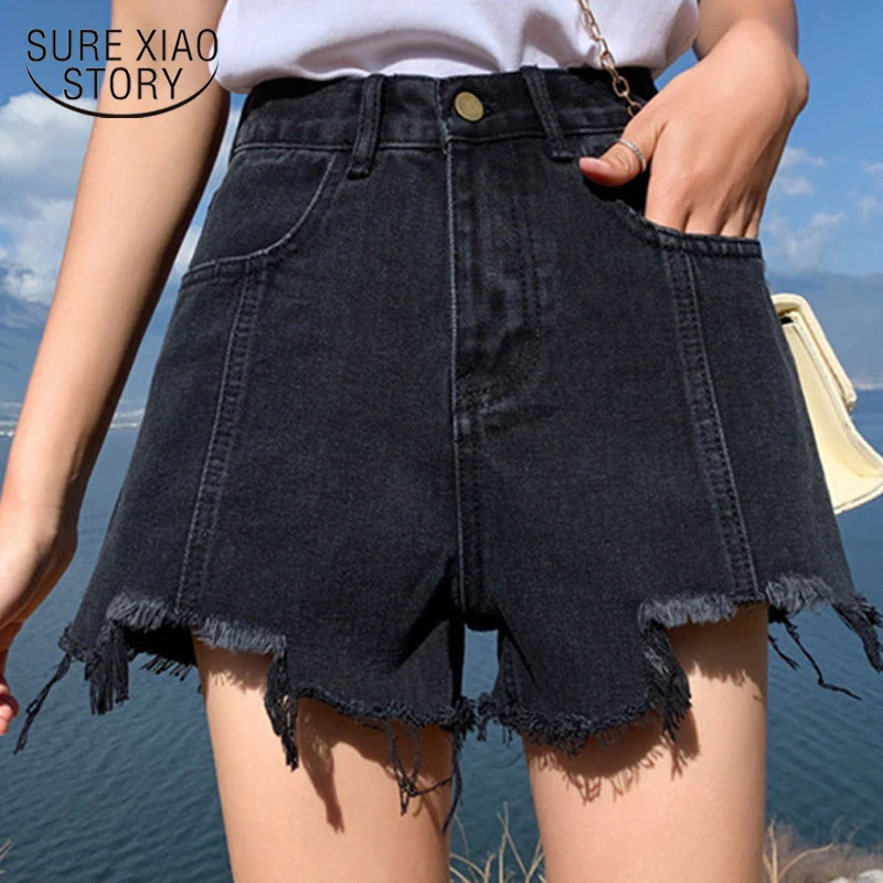 

2022 Summer New Korean Dark High Waist Shorts Cotton Denim Shorts Female Thin Wide-Leg Easing Hole Pantalon Corto Mujer 9405 50