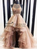 rose gold new arrival high low 2020 a line prom dresses lace jewel illusion sweetheart beaded sleeveless tulle tiered skirts eve