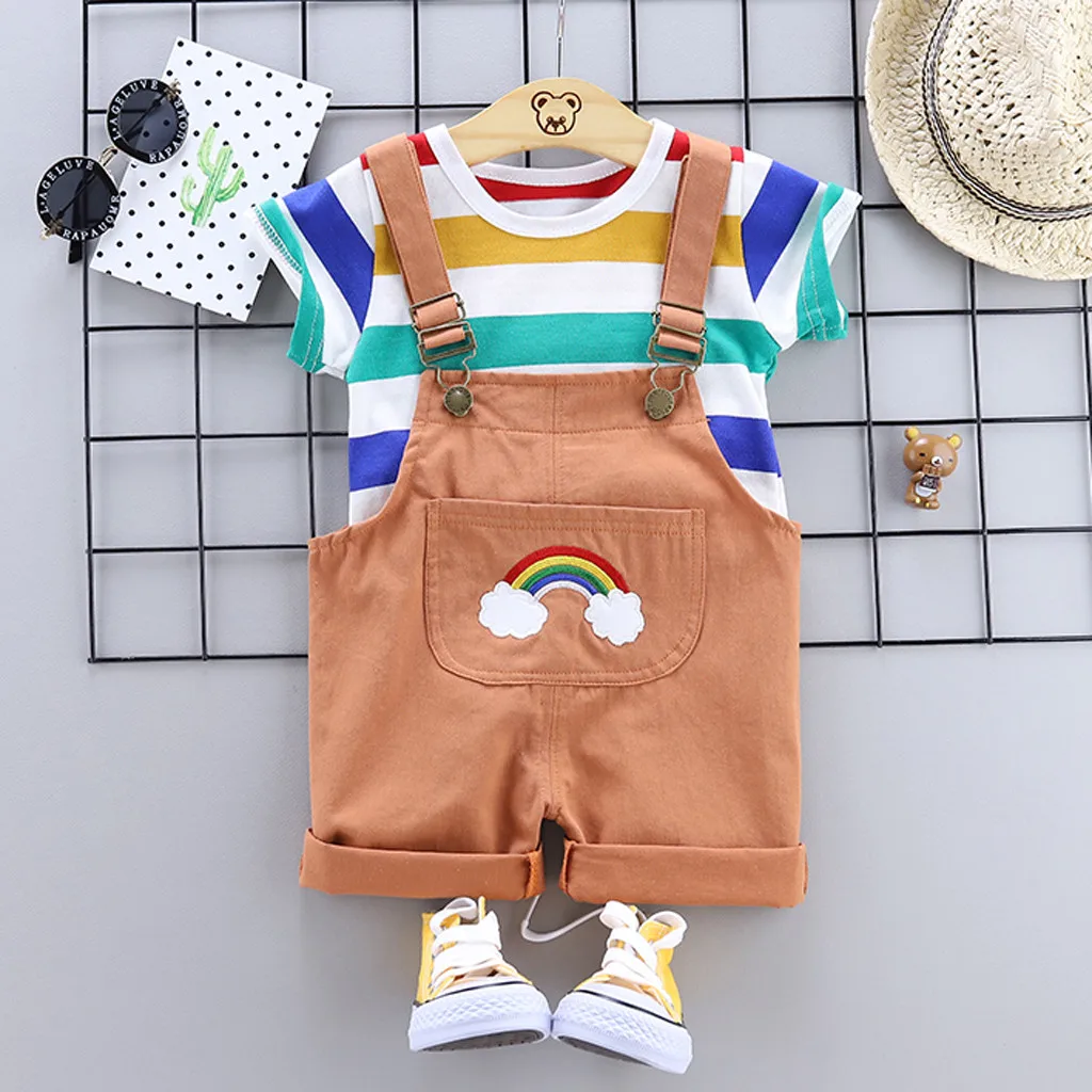 Fashion 2pcs Set Toddler Baby Boy Girls Kids Rainbow Striped Short Sleeves Tops T-shirt Straps Denim Overalls Suit Outfits | Детская