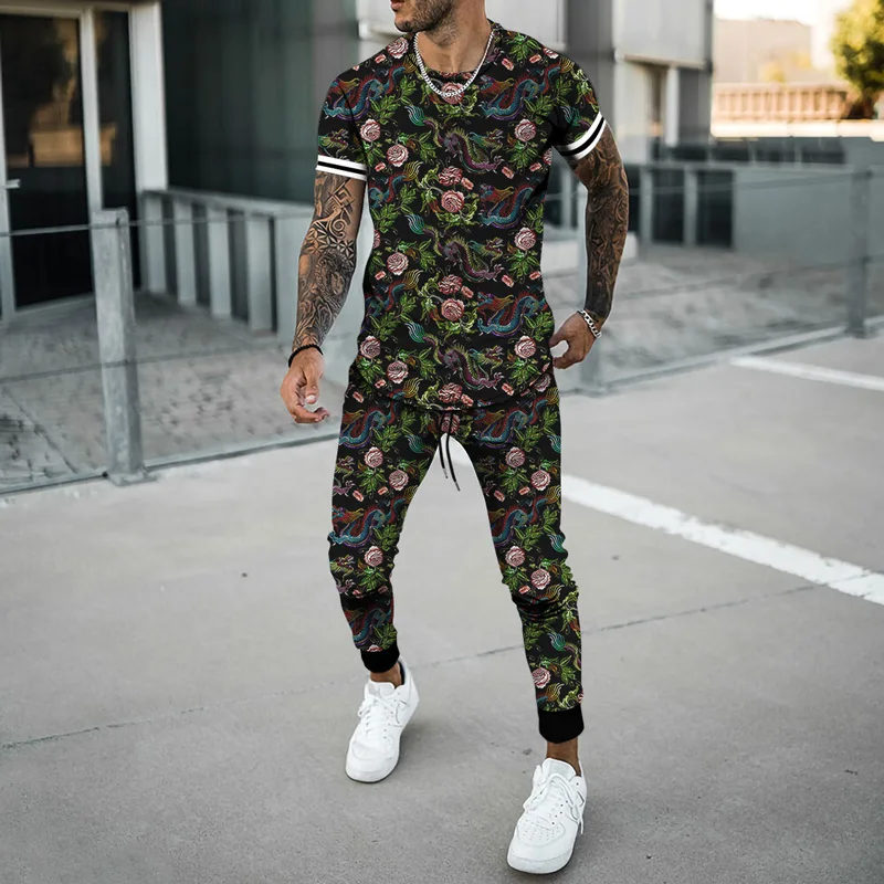 

Dragon Totem 3D Printing 2021 Spring/Summer New Men's Suit T-shirt + Sports Pants 2-piece Fashion Hip Hop Harajuku Streetwear