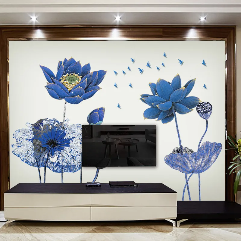 

Dark Blue Lotus Flower Wallpaper Wall Stickers for Living Room TV Background Wall Decoration Bathroom Home Decor Poster