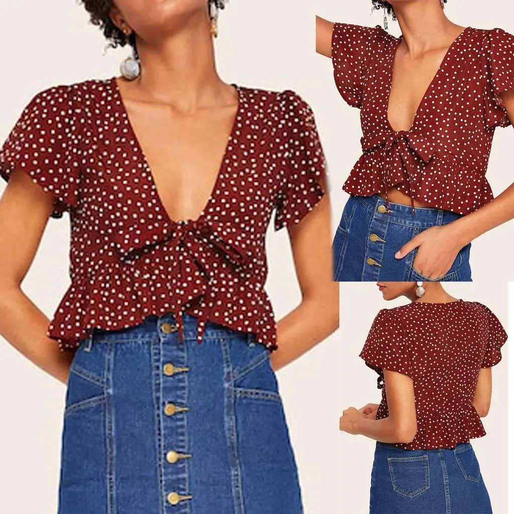 Женская футболка в горошек сексуальный принт v образный вырез модный волнистый