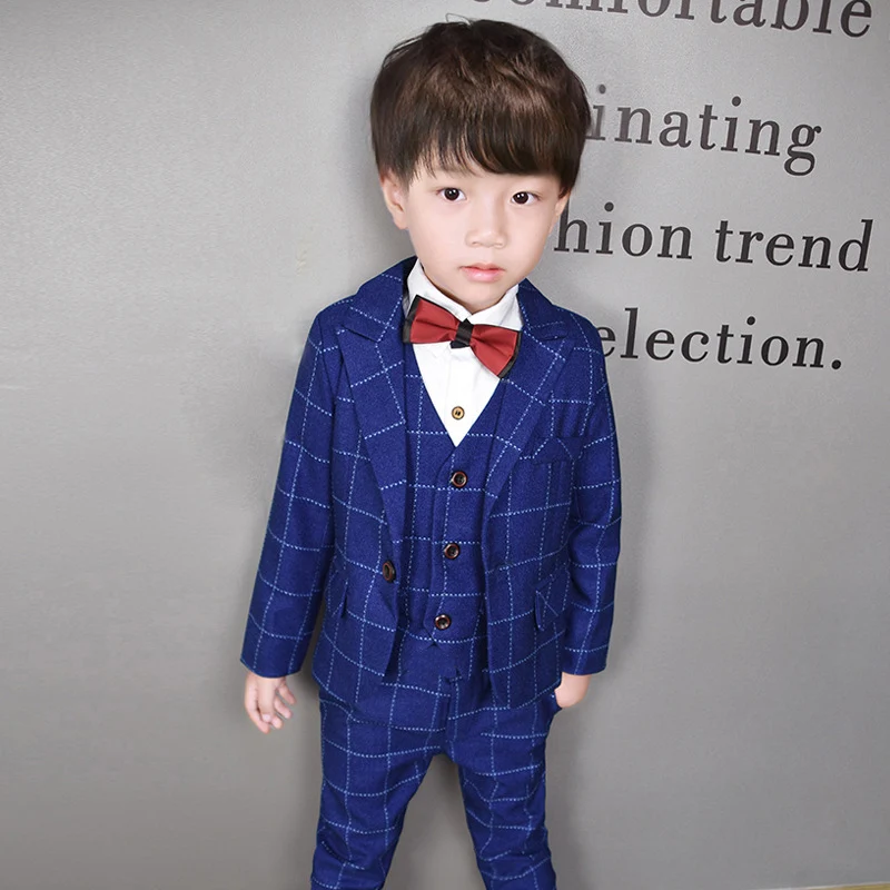 

Children Jacket Vest pants Tie 4PCS Party Clothing Sets Flower Boys Plaid Formal Wedding Suits Kids Performances Dance Costume