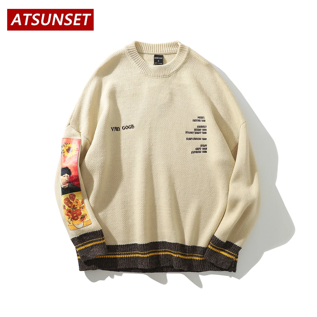

ATSUNSET Art Painter Van Gogh Sweater Men Hip Hop Streetwear Vintage Style Harajuku Sweater Pullover Summer Black Top