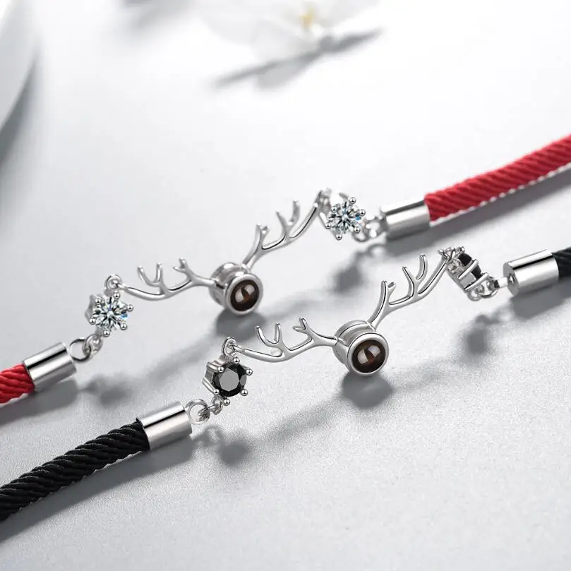 

100 Languages Couple Red Rope Elk Bracelets & Bangles For Women Trend Creative 925 Sterling Silver Party Gifts Jewelry SAB62