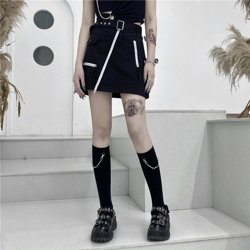 Женская винтажная юбка с высокой талией темно черная цепочкой в стиле Харадзюку