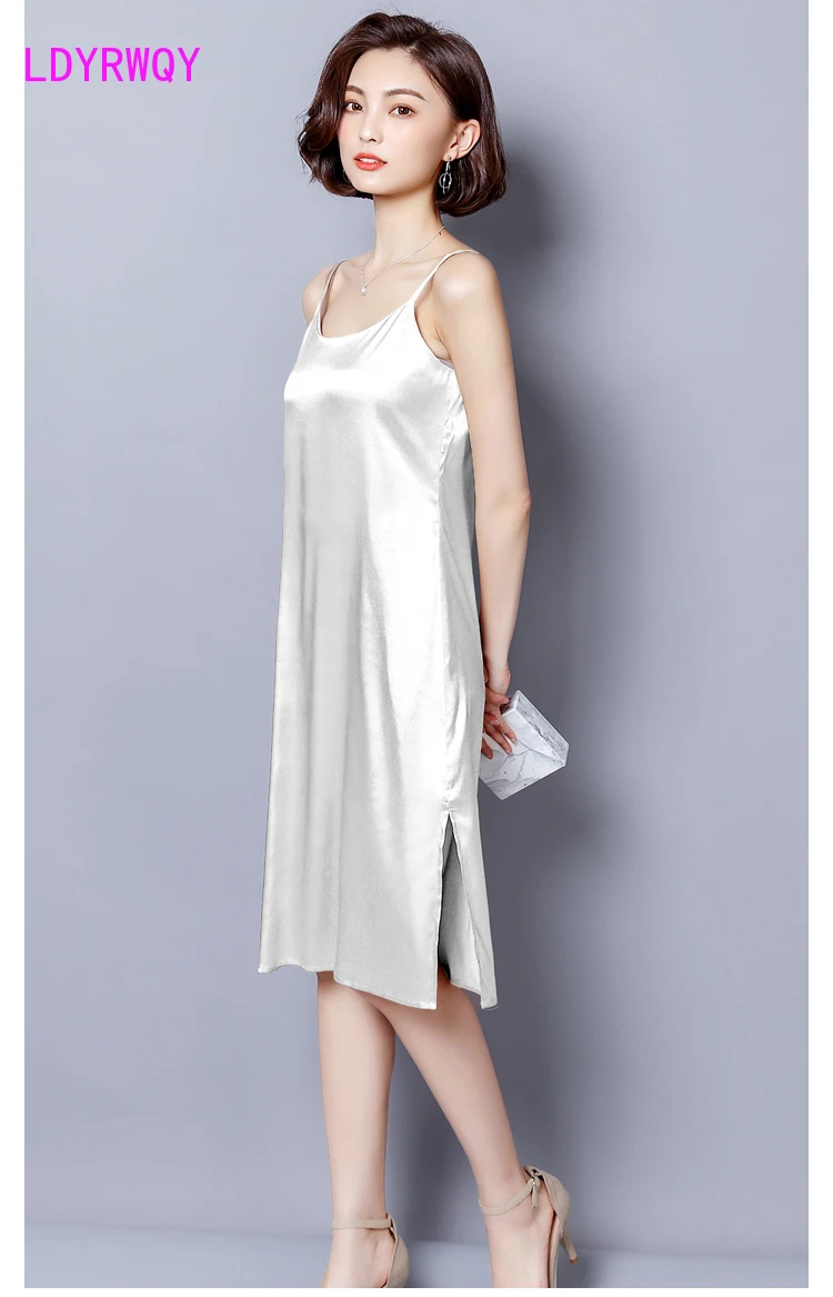 

LDYRWQY 2021 Summer New Sexy Fashion Slim Korean Sling Pure Color Round Neck Wild Side Split Temperament Dress