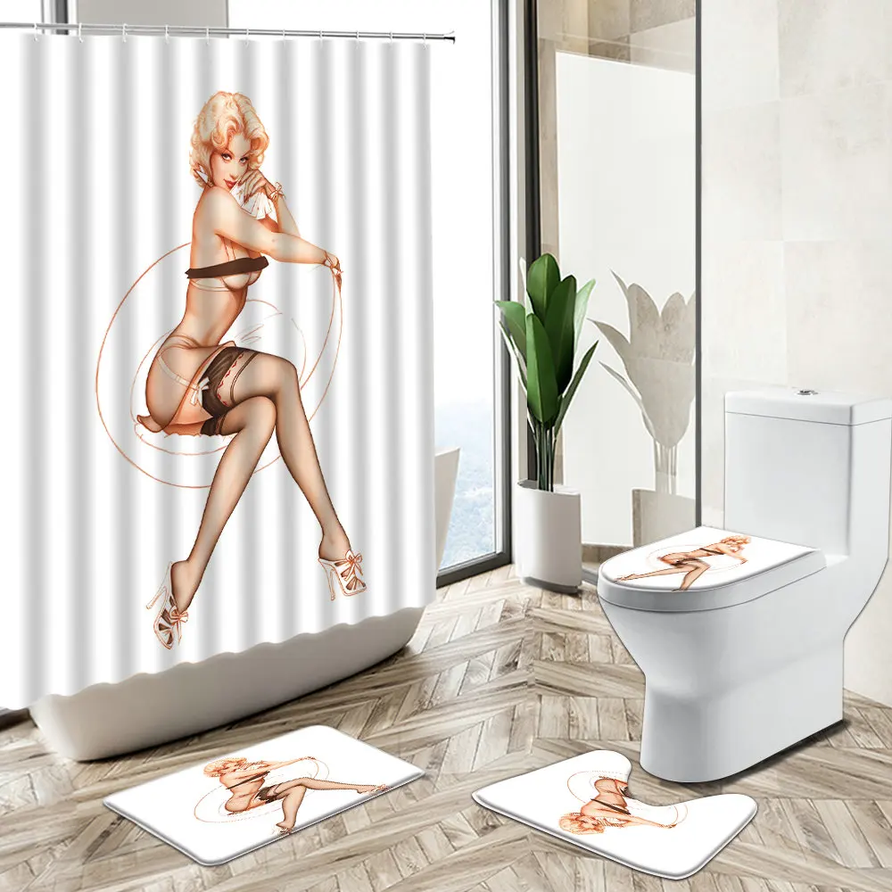 

Beautiful Sexy Girl Shower Curtain Set American Woman European Oil Painting Art Home Decor Bath Mat Toilet Cover Bathroom Carpet