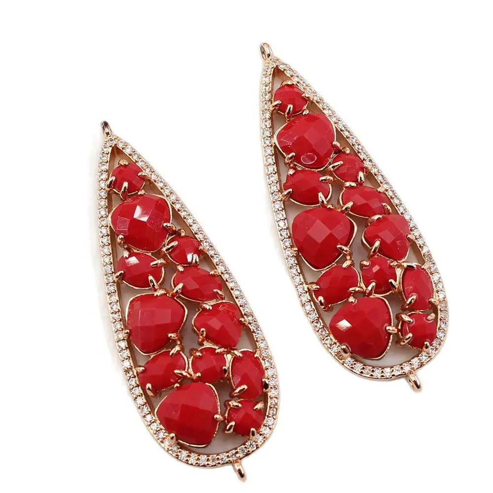 

APDGG 2Pcs 19x54mm Red Jade Gold Plated Water drop Pendant Connector For Necklace Bracelet Earrings Jewelry DIY