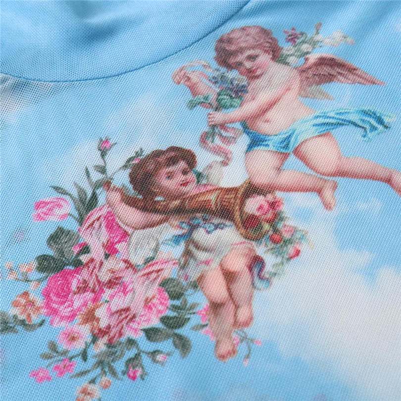 

YGYEEG Sexy Bodycon Bodysuit Long Sleeve Spring Women Skinny High Neck Skinny Body Suit Shorts Printing Angel Club Jumpsuits