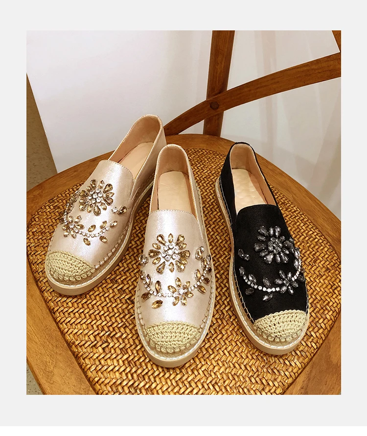 

2020 Spring/Autumn New Rhinestone Straw Woven Hemp Rope Thick-soled Fisherman ShoesWomen Flat-bottomed Slip-On Lazy Shoes Trend