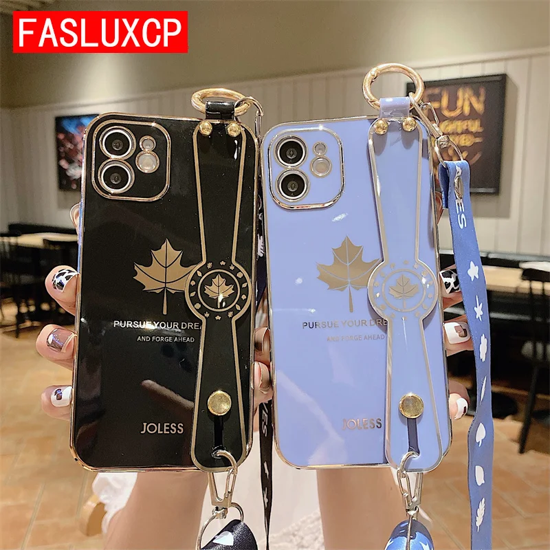 

Crossbody Electroplated Maple Leaf Wrist Strap Phone Holder Case for iPhone 13 12 11 Pro Max Mini 6 7 8 Plus X XS XR SE 2 Cover
