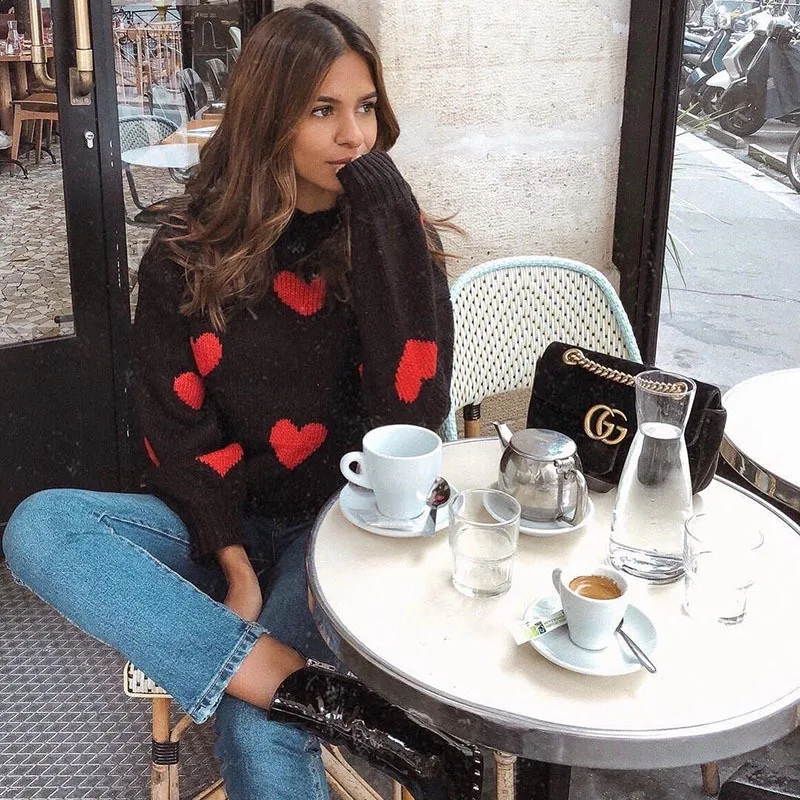 Vintage Oversized Sweater Women and Pullovers O neck Sweet Heart Letters Printed Pull Jumpers Long SLeeve Streetwear Knit Tops | Женская