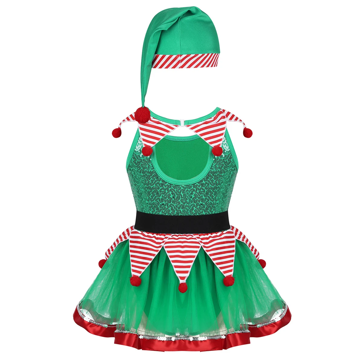 Kids Girls Christmas Xmas Dress Fairy Spirit Costume Dancewear Outfit Sequined Striped Peplum Mesh Tutu Leotard with Hat | Детская