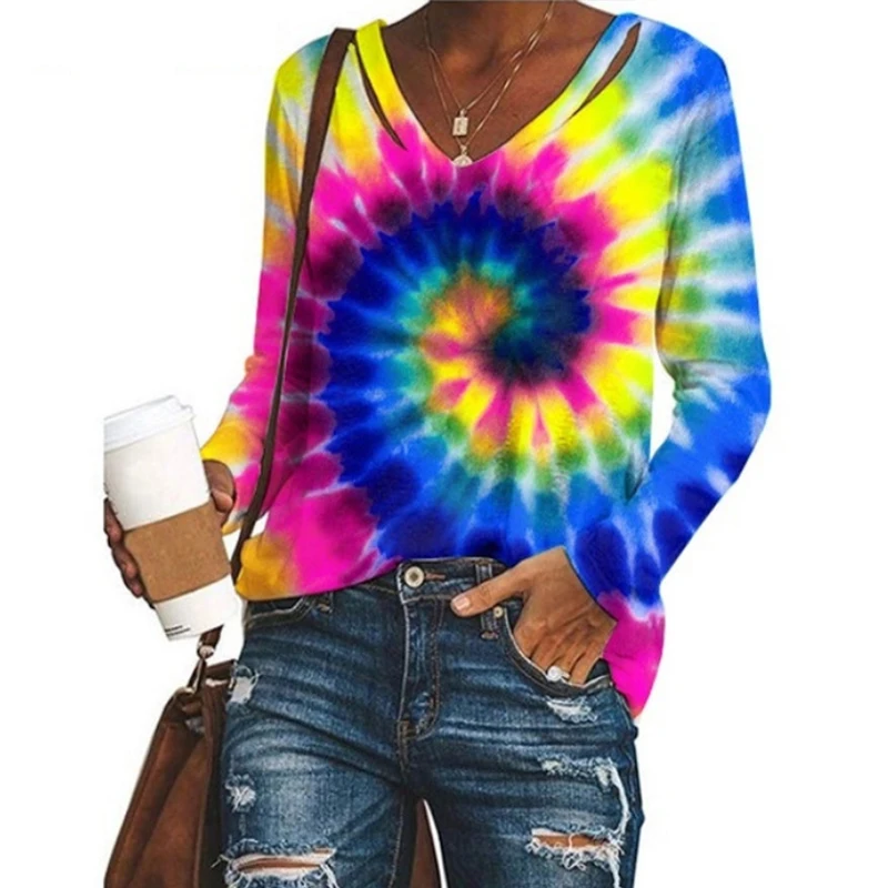 

Colorful Shirt Tie Dye Long Sleeve Women V Neck Side Slit Shirt Hollow Loose Big Size 4xl 5xl 2021 Trend Fashion Shirt Gradient