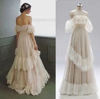 off the shoulder polka dot wedding dress retro layered lace ruffled victorian rustic backless custom
