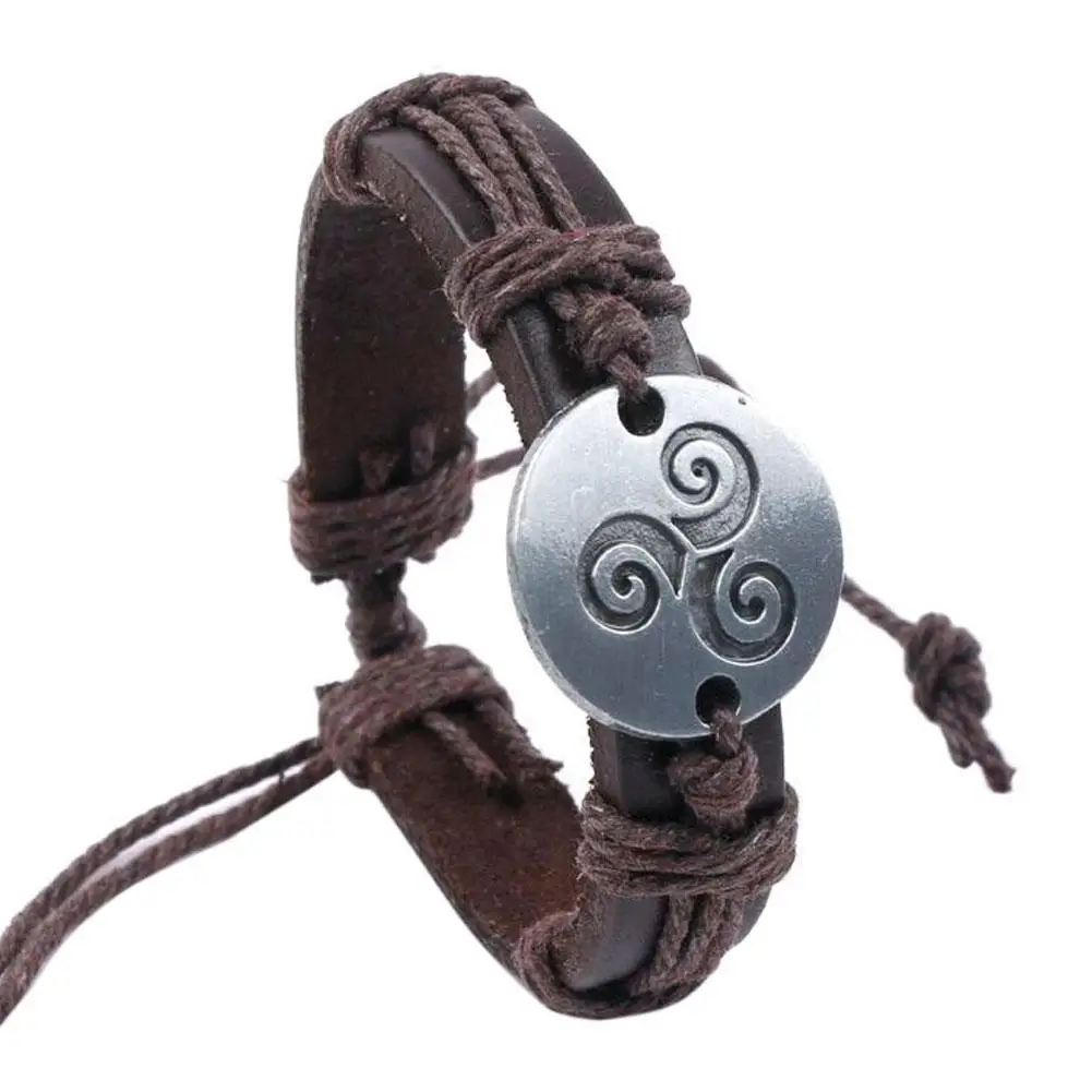 

Vintage Men Women Spiral Triskele Round Charm Braided Faux Leather Bracelet