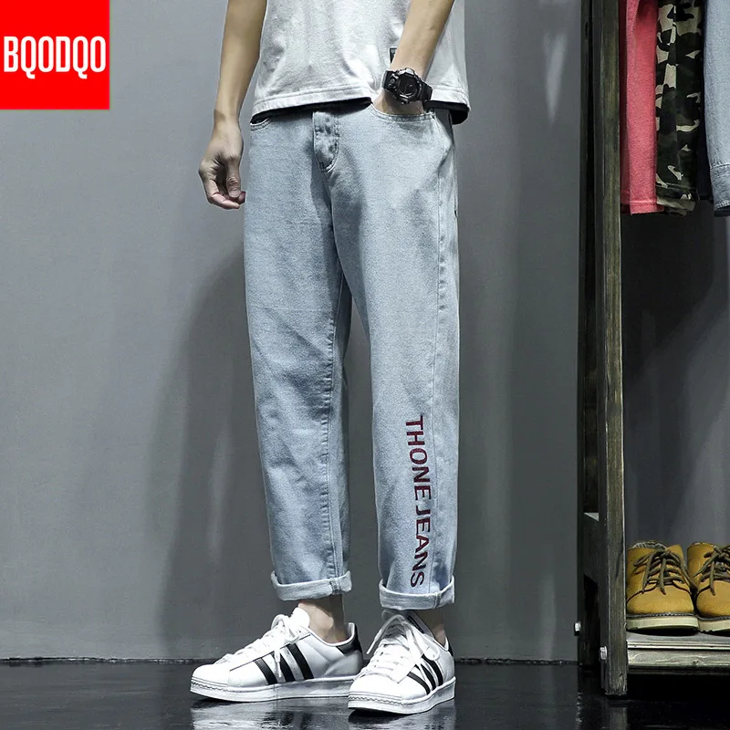 Джинсы с вышивкой мужские синие осенние уличные повседневные мешковатые брюки