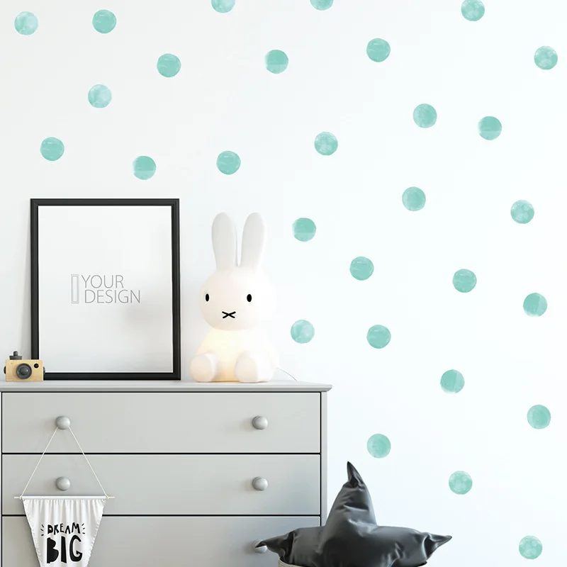 Watercolor Blue Green Polka Dots Wall Stickers Circles Hand Drawn Wall Decals for Kids Room Baby Nursery Home Decoration PVC