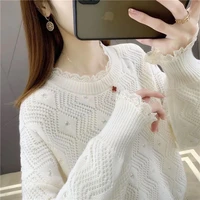 2021 spring and autumn new sweater women korean lace round neck thin section hollow long sleeved loose knitted western style bot