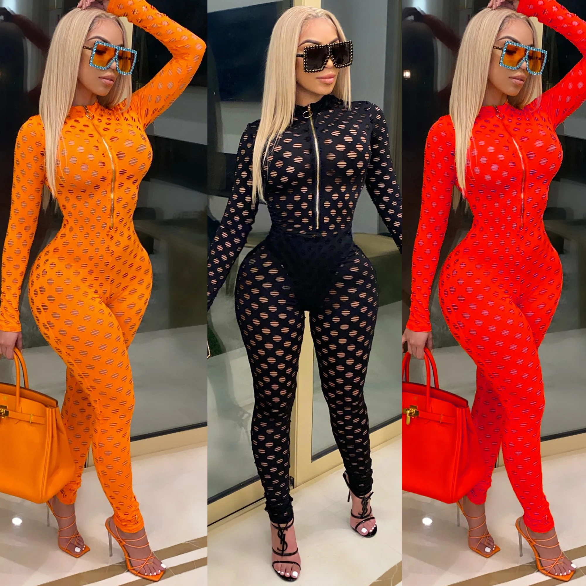 

Hollow Out Sheer Sexy Rompers Jumpsuit Women Front Zipper Long Sleeve Night Out Club Party Bodycon One Piece Overalls for Women