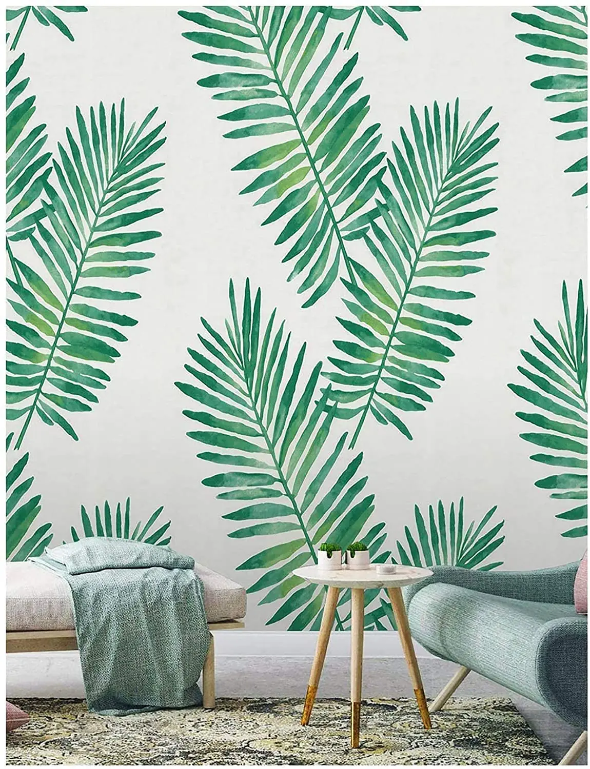 

LUCKYYJTropical Palm Peel and Stick Wallpaper Removable Green White Vinyl Self Adhesive Wallcoverings for Living Room