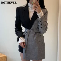 bgteever autumn new stylish patchwork women plaid blazer 2020 full sleeve lace up slim waist female irregular hem suit jacket