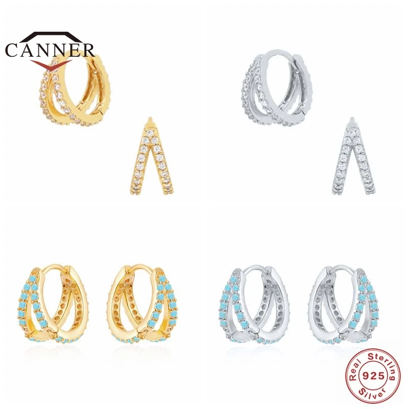 Женские серьги-кольца из серебра 925 пробы с бирюзовым цирконием | Украшения и