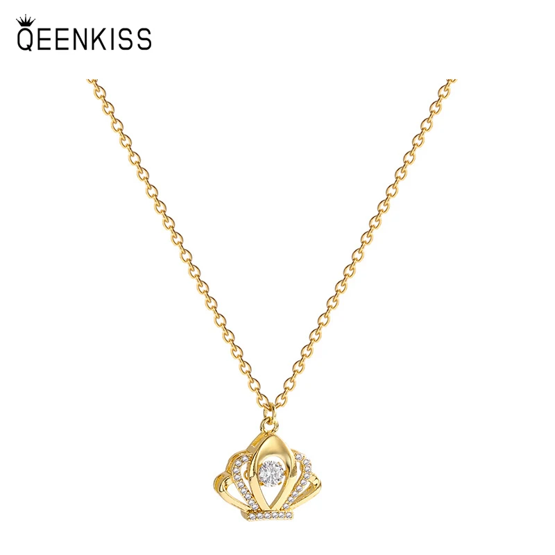 

QEENKISS NC766 Fine Jewelry Wholesale Fashion Trendy Woman Birthday Wedding Gift Crown AAA Zircon 18KT Gold Pendant Necklace