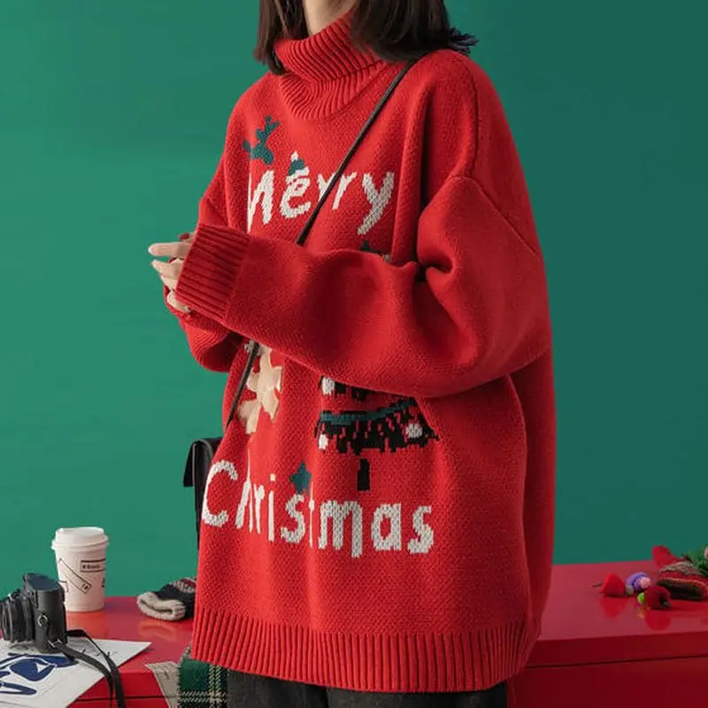 

Свитер с высоким воротником, женский красный вязаный свитер с принтом, зима 2021, корейская мода, новый стильный Повседневный свободный свите...