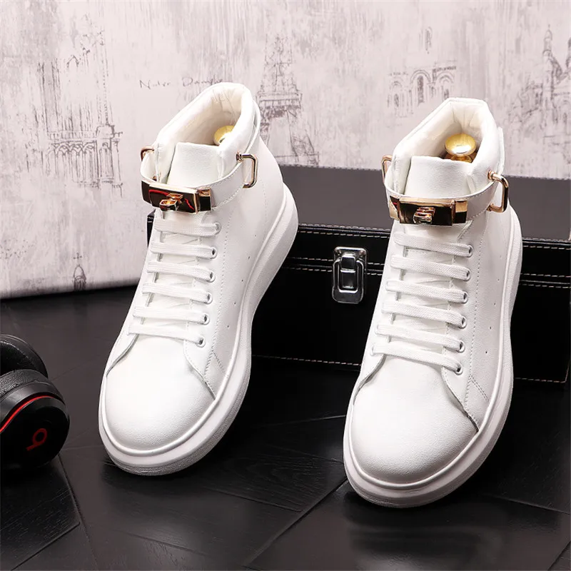 Online Sneakers Punk Pria Kasual Logam Atasan Tinggi Hip Hop Sepatu Bot Pergelangan Kaki Rata Penambah Tinggi Pria Zapatillas Hombre