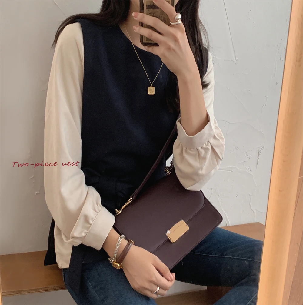Autumn Winter 2 Two Piece Suit Elegant Outfits Long Sleeve O-neck Loose Blouses Femme and Tank Solid Tops Mujer Korean | Женская одежда