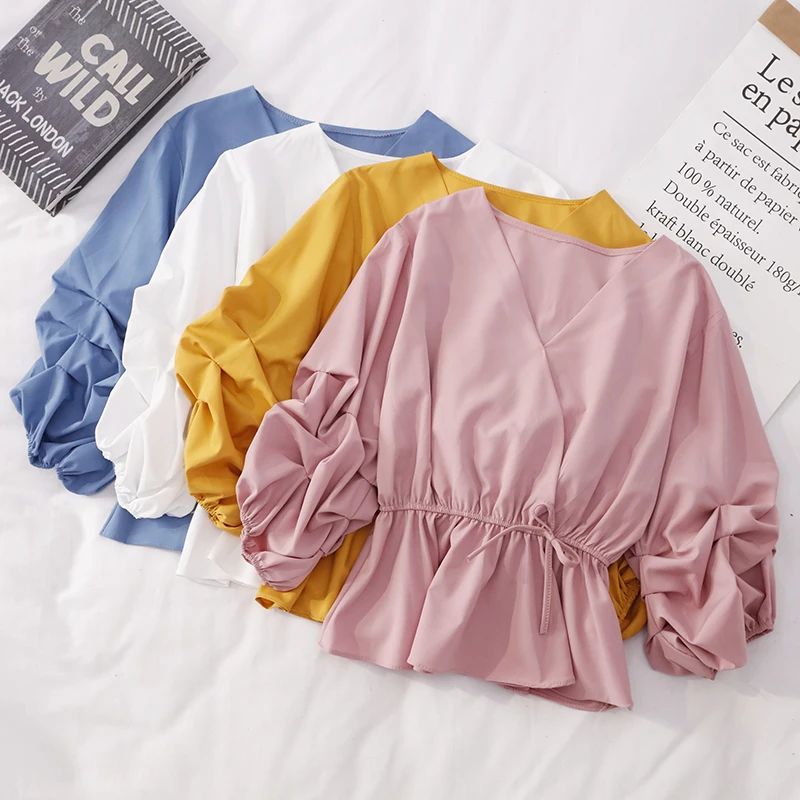 

Women's Lantern Sleeve Shirt Spring Autumn Korean Long Sleeve Shirt Women's Top Fashion V-Neck Shirt Womens Blouses GD481