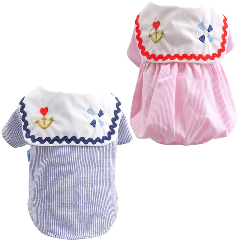 

Pink Blue Dog Shirt Dress Strips Short-Sleeved Navy Style Cat Dresses Big Lapel With Anchor Fluffy Girl Tshirt Skirt Pet Clothes