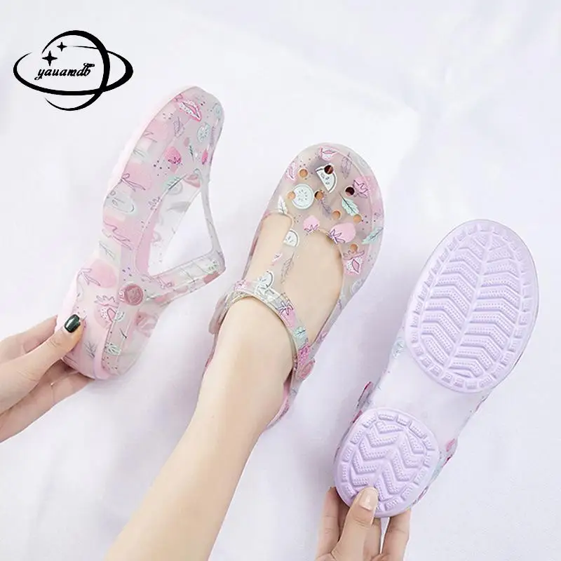 

35-39 Womens Mules & Clogs Summer Female Sandals Print Slip-On Jelly Comfortable Beach Slippers Ladies Garden Shoes Hy26