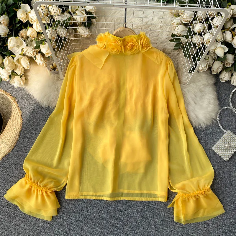 

Vintage Purple/Beige/Yellow Chiffon Blouse Women Elegant Bow Collar Flare Long Sleeve 3D Flower Designer Chic Tops Female 2021