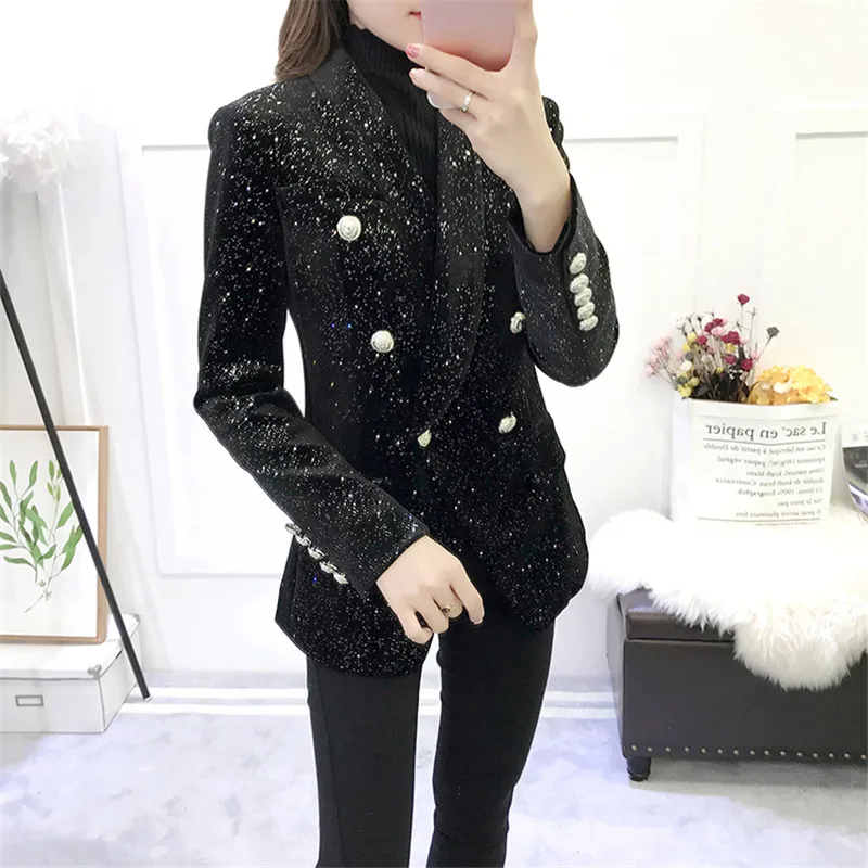 Женский блейзер с длинным рукавом подиумный двубортный блестками верхняя одежда