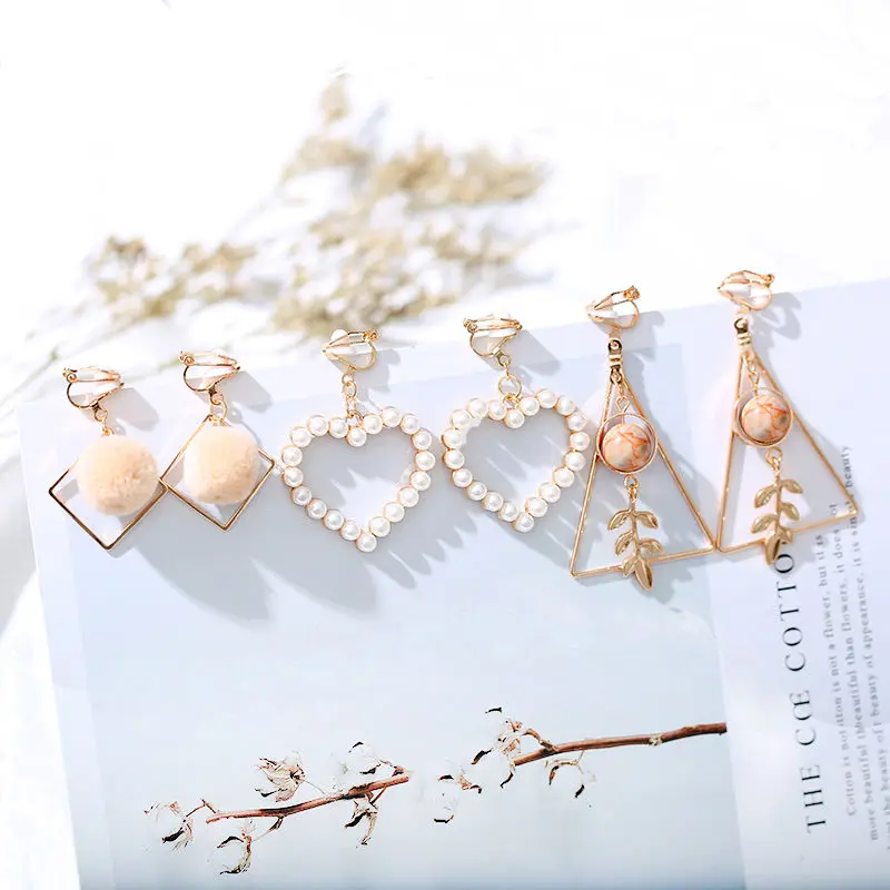 

One Set 3 pairs Korea Style Clip on Earrings No Pierced Simple Style Gold-color Geometric Clip Earrings