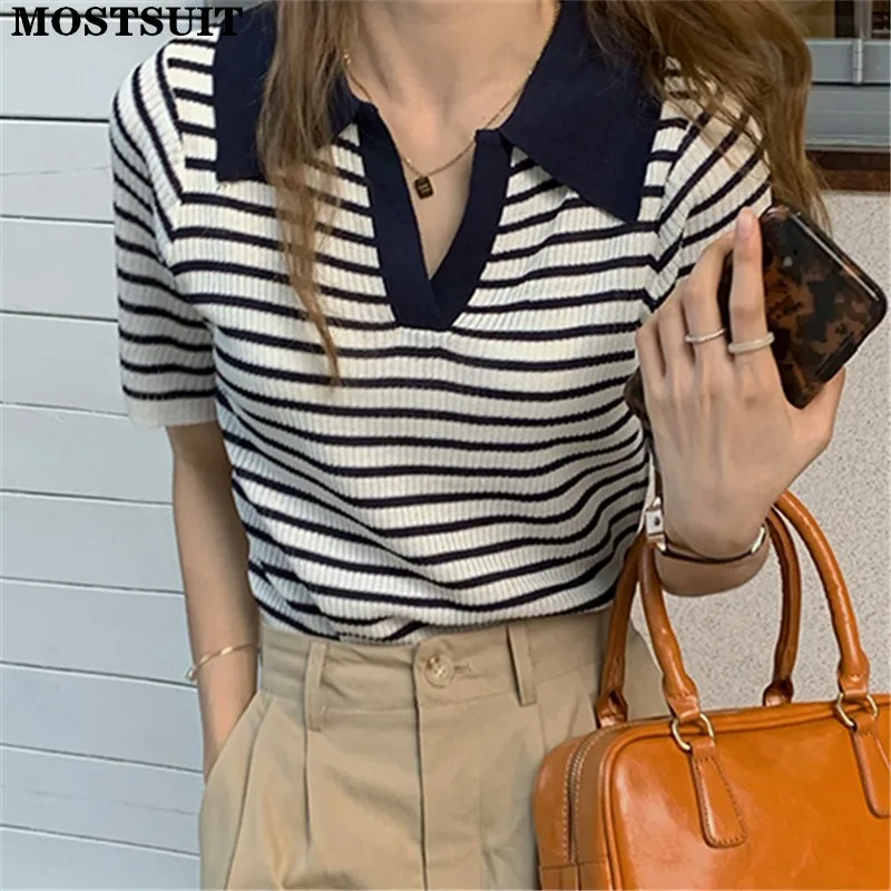 

Korean Striped Knitted Pullover Tops Women Short Sleeve Turn-down Collar Knitwear Sweater Casual Fashion Vintage Female Jumpers