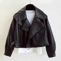 2021 new spring autumn women faux leather jacket turndown collar pu motorcycle loose coat female cool streetwear outerwear