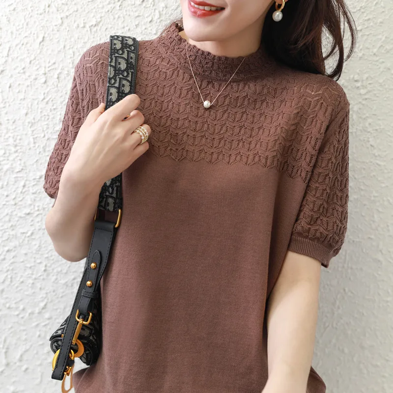 

Lafarvie Cotton T Shirt Women Tops For Summer Female Clothe Hollow Out O Neck Short Sleeve Oversized Knit Poleras 2021Fashion