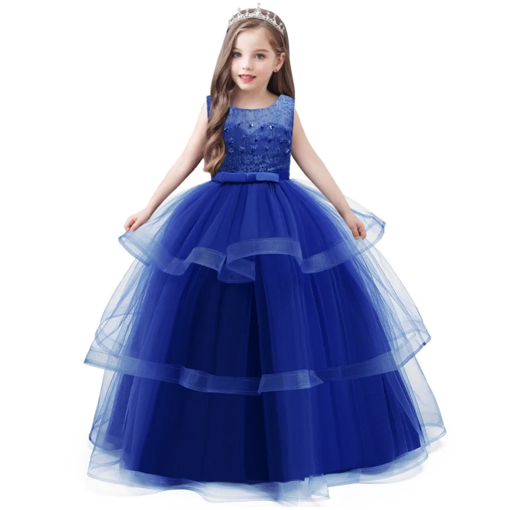 Navy Blue Платье для девочек детское элегантное кружевное праздничное платье принцессы без рукавов свадебное платье с цветочным узором для девочек Одежда для маленьких девочек От 8 до 14 лет - Цвет: Navy Blue