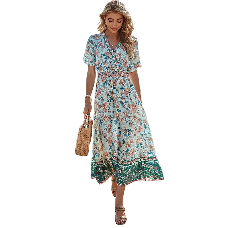 

2021 Vintage Floral Maxi Dresses Elegant Beach Sash Sexy V Neck Split Print Tunic Long Summer Dress Women Cmfortable Work skirt