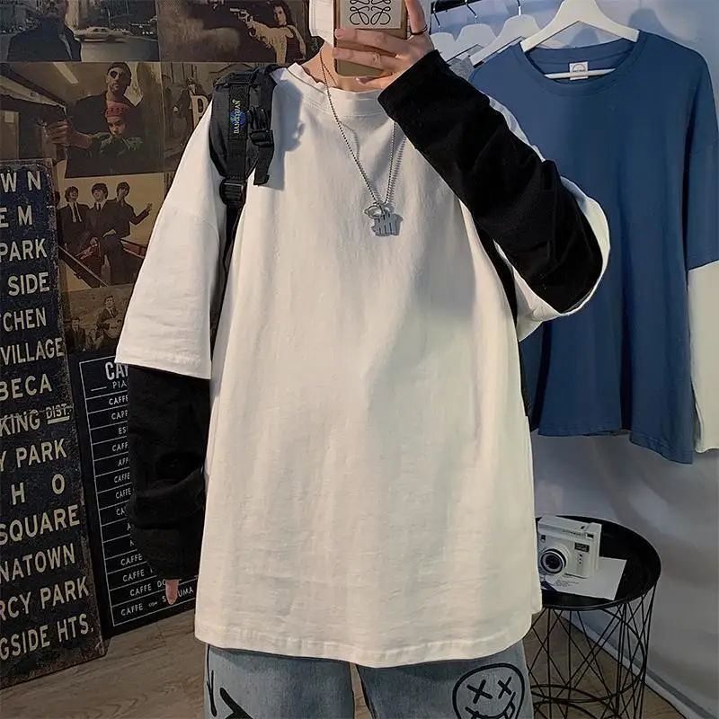 

Men T Shirt Oversized Autumn Fake Two Pieces Long Sleeve O Neck Casual Loose Korean Fashion Harajuku Hip Pop Cotton Clothing