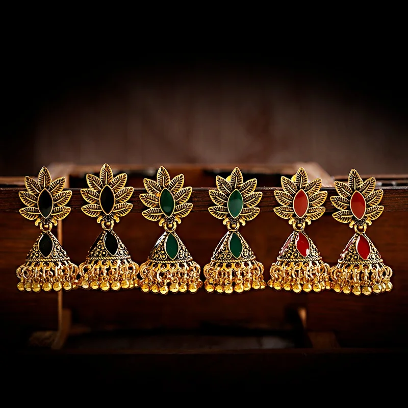 

Antique Ethnic Women's Indian Jhumka Earring Afghan Gypsy Jewelry Boho Gold Alloy Leaf Carved Bell Tassel Drop Earrings Ladies