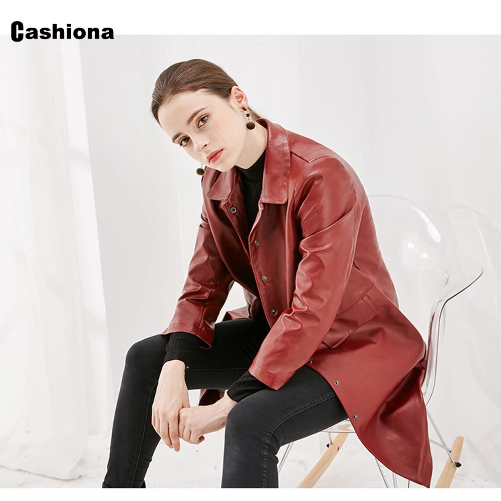 Cashiona 2021 New Faux Pu Leather Jackets Women Long Outerwear Single Breasted Coat Slim Overcoats Black Red Womens Tunic Jacket enlarge