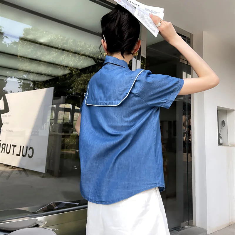 

Korejepo Women Blouse 2021 Summer New Style Retro Double-layer Lapel Single-breasted Short-sleeved Thin Fashion Slim Shirt Women